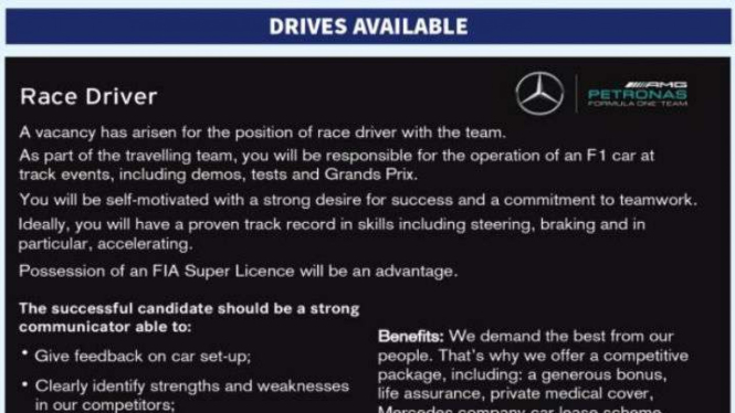 Iklan hoax lowongan pembalap F1 Mercedes