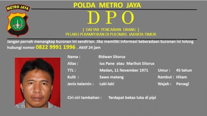 Ridwan Sitorus alias Ius Pane, buronan perampok sadis Pulomas Jakarta Timur.