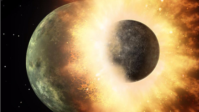 Ilustrasi kelahiran Bulan dari tabrakan Bumi dan objek antariksa