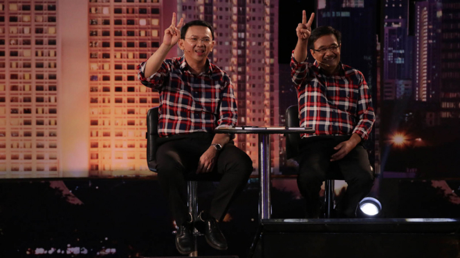 Basuki Tjahaja Purnama dan Djarot Saiful Hidayat saat Debat Perdana Cagub dan Cawagub Pilkada DKI Jakarta, 13 Januari 2017.