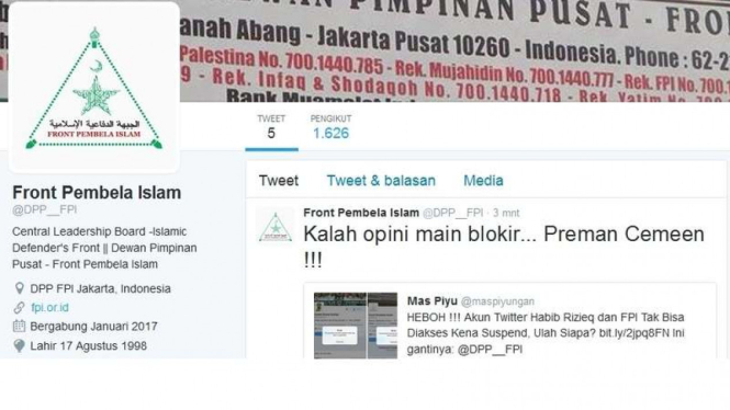 Tampilan depan akun twitter baru milik Front Pembela Islam (FPI) usai diblokir di jejaring sosial, Senin (16/1/2017)