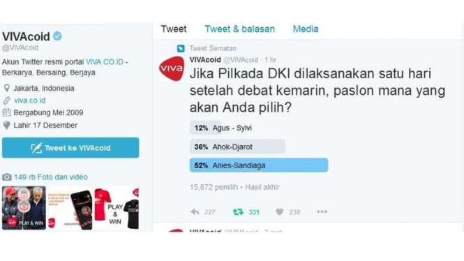 Survei jajak pendapat netizen soal siapa calon yang disuaki untuk menjadi gubernur dan wakil dalam Pilkada DKI 2017, Senin (16/1/2017)