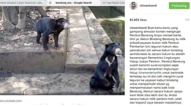 Ridwan Kamil menjawab keluhan soal Kebun Binatang Bandung di jejaring sosial Instagram, Rabu (18/1/2017)
