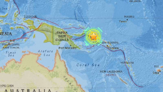 Pusat gempa 8,0 SR di Papua Nugini.