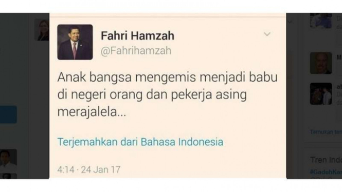 Status twitter politikus PKS Fahri Hamzah yang telah dihapus terkait Tenaga Kerja Indonesia (TKI)