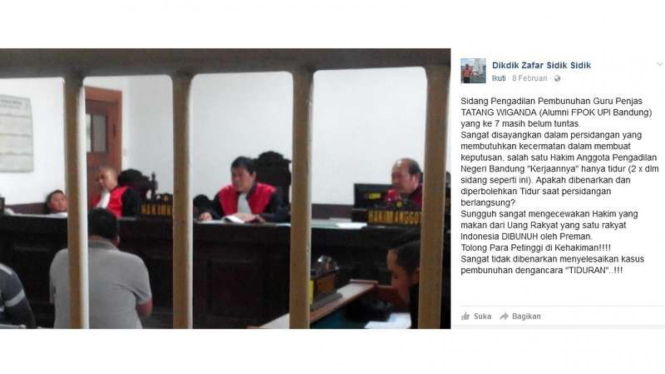 Unggahan Facebook tentang hakim di Pengadilan Negeri Kelas 1A Bandung yang tertidur saat memimpin jalannya persidangan