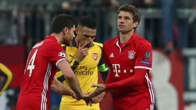 Pemain Bayern Munich, Thomas Mueller, usai bobol gawang Arsenal