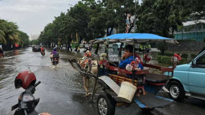 Tukang delman memanfaatkan banjir untuk mencari penumpang di Kelapa Gading.