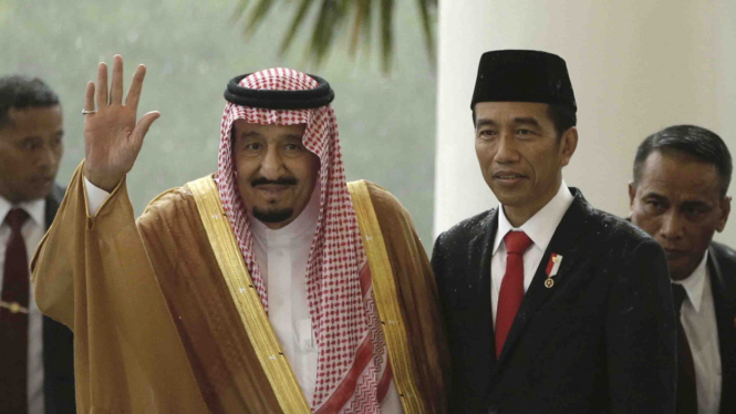 Presiden Joko Widodo saat menerima kunjungan Raja Arab Saudi, Salman bin Abdulaziz al-Saud, di Istana Bogor, 1 Maret 2017. 