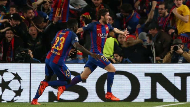Bek Barcelona, Sergi Roberto merayakan golnya ke gawang PSG