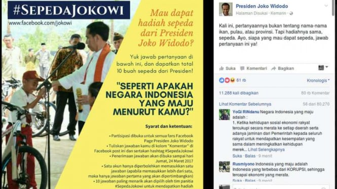 Kuis #SepedaJokowi yang dibuat Presiden Joko Widodo untuk Fanspage Facebook-nya, Minggu (19/3/2017)