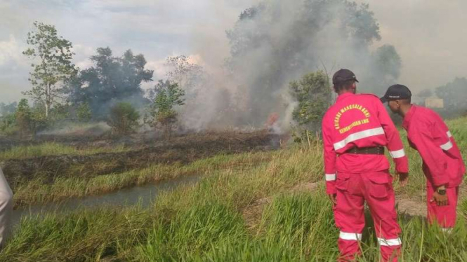 Petugas memantau lokasi kebakaran lahan gambut di Kabupaten Ogan Ilir Sumatera Selatan, Selasa (21/3/2017)