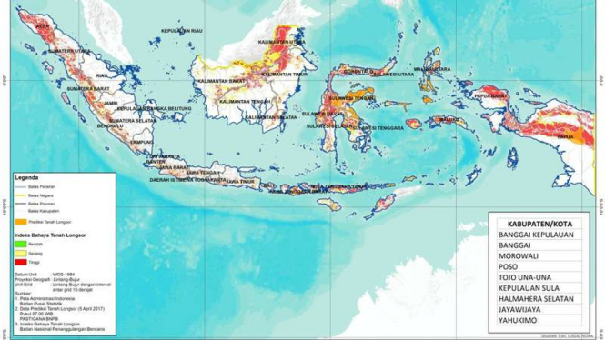 Peta prediksi tanah longsor di sembilan wilayah Indonesia pada Rabu (5/4/2017)