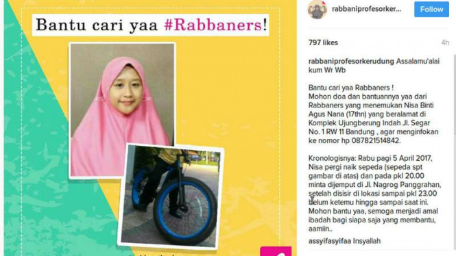  Informasi hilangnya Nisa (17), putri pemilik Kerudung Rabbani. Perempuan berhijab ini dikabarkan hilang sejak Rabu, 5 April 2017.