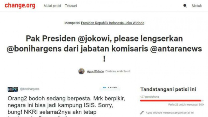 Petisi mendesak Jokowi mencopt Boni Hargens