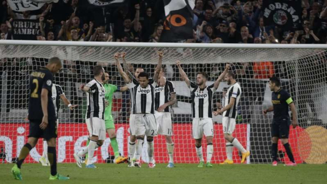 Selebrasi pemain Juventus usai lolos ke final Liga Champions