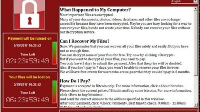 Tampilan komputer yang telah diserang oleh virus Ransomware Wannacry. Virus ini menyukai menyerang perangkat komputer berbasis Windows.