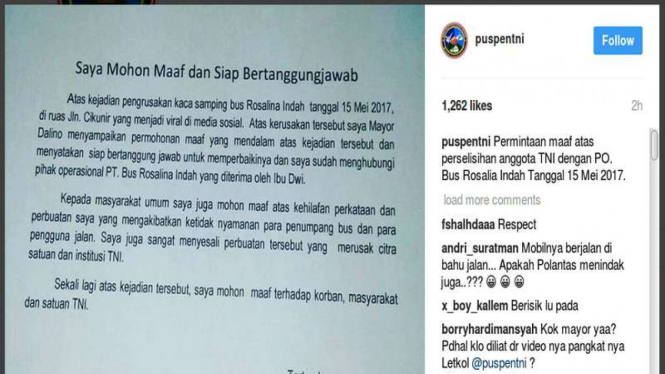 Unggahan dokumen permohonan maaf perwira TNI yang ditampilkan di akun Instagram Pusat Penerangan TNI terkait keributan di Tol Cikunir, Selasa (16/5/2017)