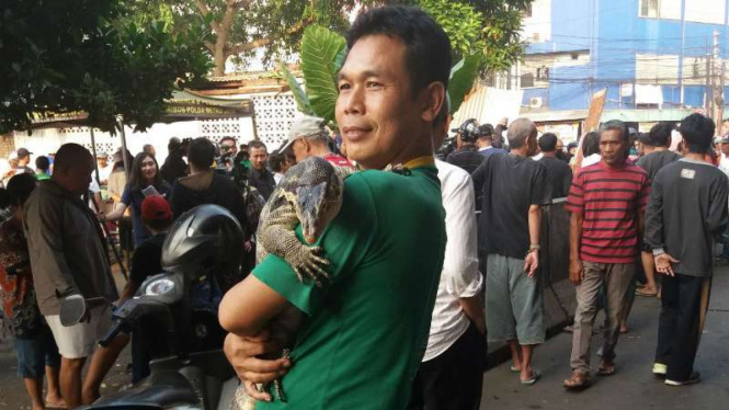 Seorang warga membawa biawak ke lokasi ledakan bom di Terminal Kampung Melayu