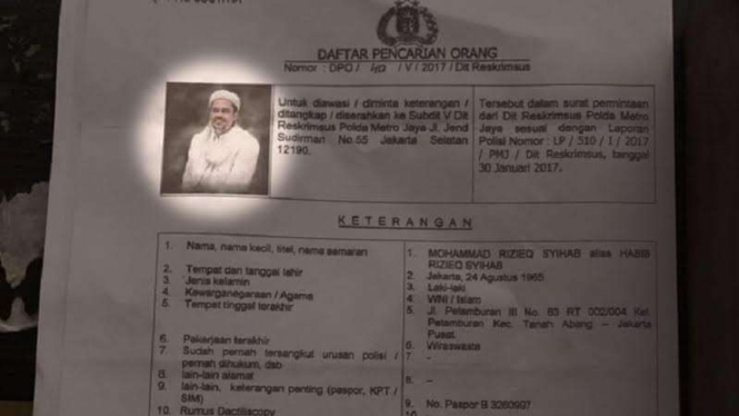 JANGAN DIPAKAI - Buronan (DPO) tersangka dugaan pornografi, Habib Rizieq.