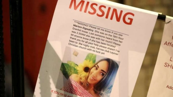 Sebuah selebaran mengabarkan gadis ini belum ditemukan paska kebakaran apartemen di London.