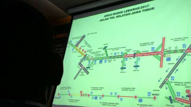 Peta jalur mudik Lebaran tahun 2017 lewat jalan tol di Jawa Timur.