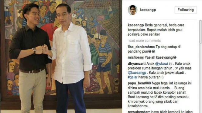 Kaesang Pangarep dan Presiden Joko Widodo berpose santai di akun Intagram putra bungsu presiden Kaesang.