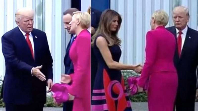 Ibu Negara Polandia 'mengabaikan' tangan Trump yang sudah terulur.