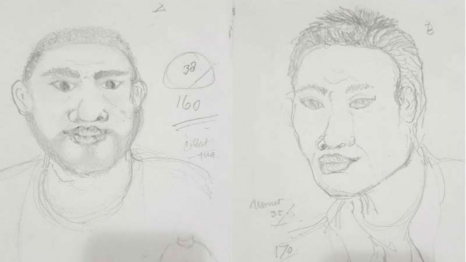 Dua sketsa wajah tersangka pelaku pembacok Hermansyah, ahli telematika ITB, yang dibuat polisi berdasarkan keterangan Iriana, istri korban.