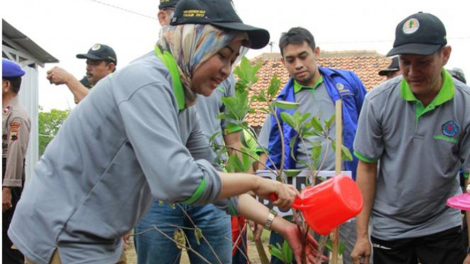 Bupati Brebes Hj Idza Priyanti SE menyirami tanaman mangrove seusai ditanam dalam rangka memperingati Hari Lingkungan Hidup.