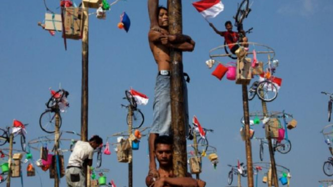 Lomba panjat pinang saat Hari Kemerdekaan RI. (Foto ilustrasi).