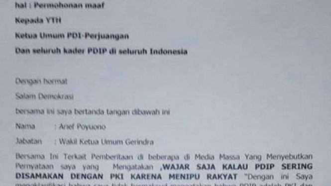 Surat permintaan maaf Arief Poyuono