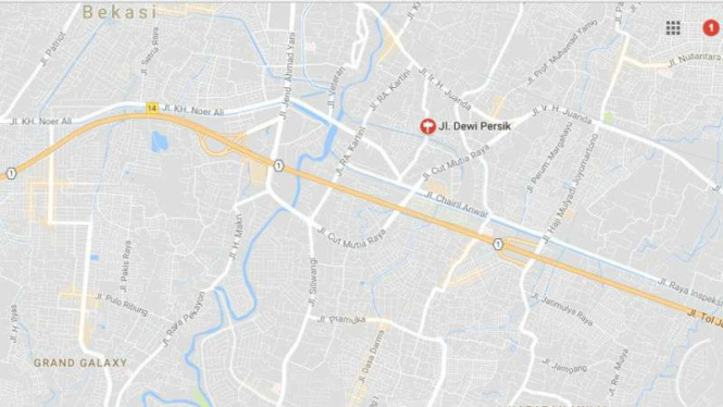 Jalan Dewi Persik di Kota Bekasi pada peta digital Google.
