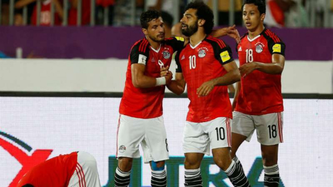 Pemain Mesir rayakan gol Mohamed Salah