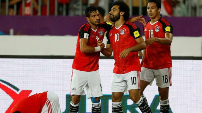 Pemain Mesir ketika rayakan gol Mohamed Salah