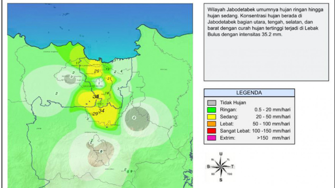 Peta sebaran hujan ekstrem di Jabodetabek