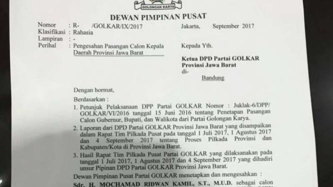 Surat DPP Golkar yang beredar mendukung Ridwan Kamil di Pilgub Jabar. Namun Golkar belum menyampaikan dukungan resmi.