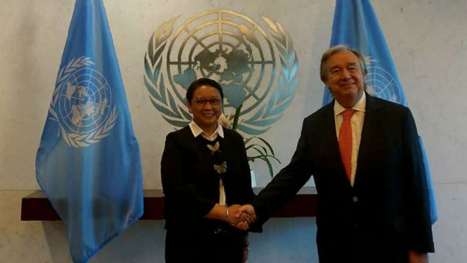 Menlu RI Retno Marsudi saat bertemu Sekjen PBB, Antonio Guterres, beberapa waktu lalu.