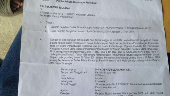 Surat perintah dimulainya penyidikan atau SPDP Aswad Sulaiman