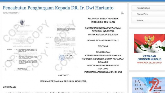 Surat pencabutan penghargaan kepada Dwi Hartanto oleh KBRI Den Haag.