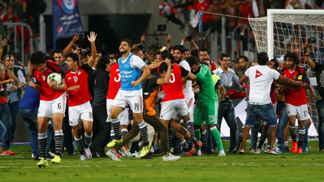 Pemain Timnas Mesir merayakan kelolosan ke Piala Dunia 2018