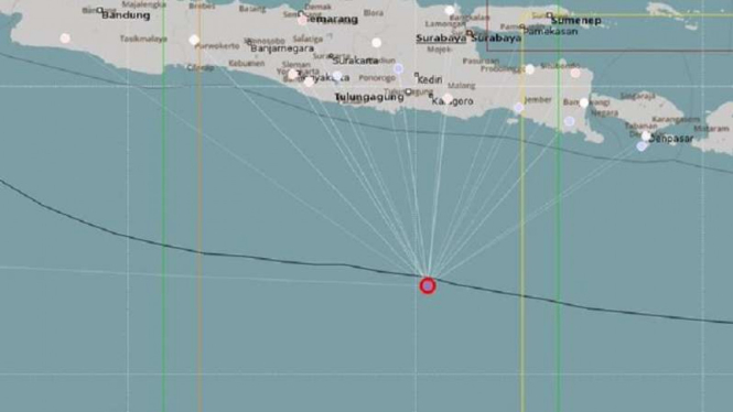 Lokasi pusat gempa di barat daya Kabupaten Malang, Jawa Timur.