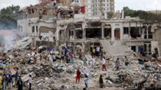 Lokasi ledakan pertama di KM44 di distrik Hodan, Mogadishu, tewaskan ratusan orang.