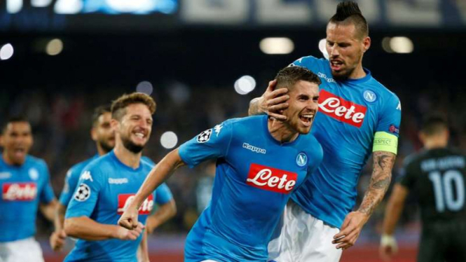 Selebrasi gol para pemain Napoli saat lawan Manchester City