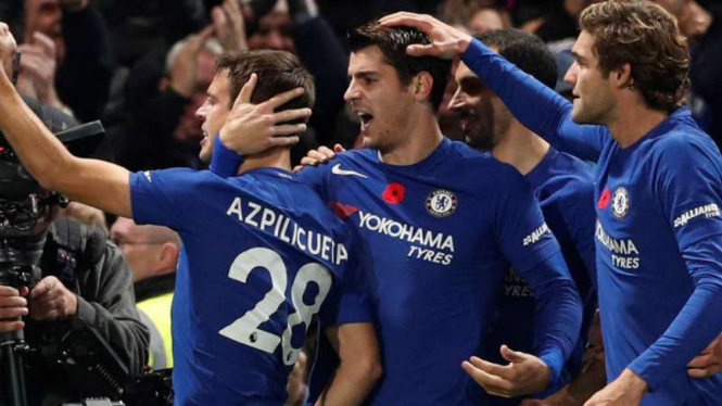 Pemain Chelsea rayakan gol Alvaro Morata