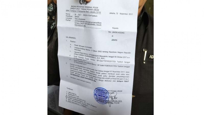 Surat Pemberitahuan Dimulainya Penyidikan (SPDP) kasus Ketua KPK