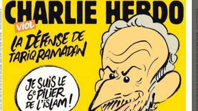 Majalah satire Charlie Hebdo, menampilkan Tariq Ramadan disampulnya.