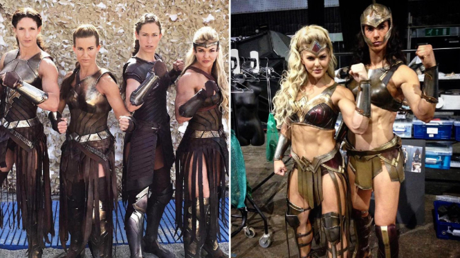 Kostum Amazons di Wonder Woman (kiri) dan Justice League (kanan)