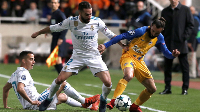 Bek Real Madrid, Dani Carvajal, saat berlaga di duel kontra APOEL Nicosia