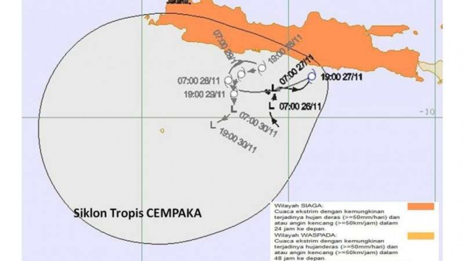 Pergerakan siklon tropis Cempaka yang memicu perubahan cuaca di sejumlah wilayah di Indonesia.